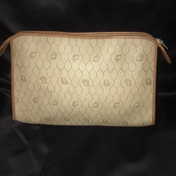 DIOR Vintage Honeycomb Zip Pouch Clutch Bag Monogram Tan - Picture 2 of 11